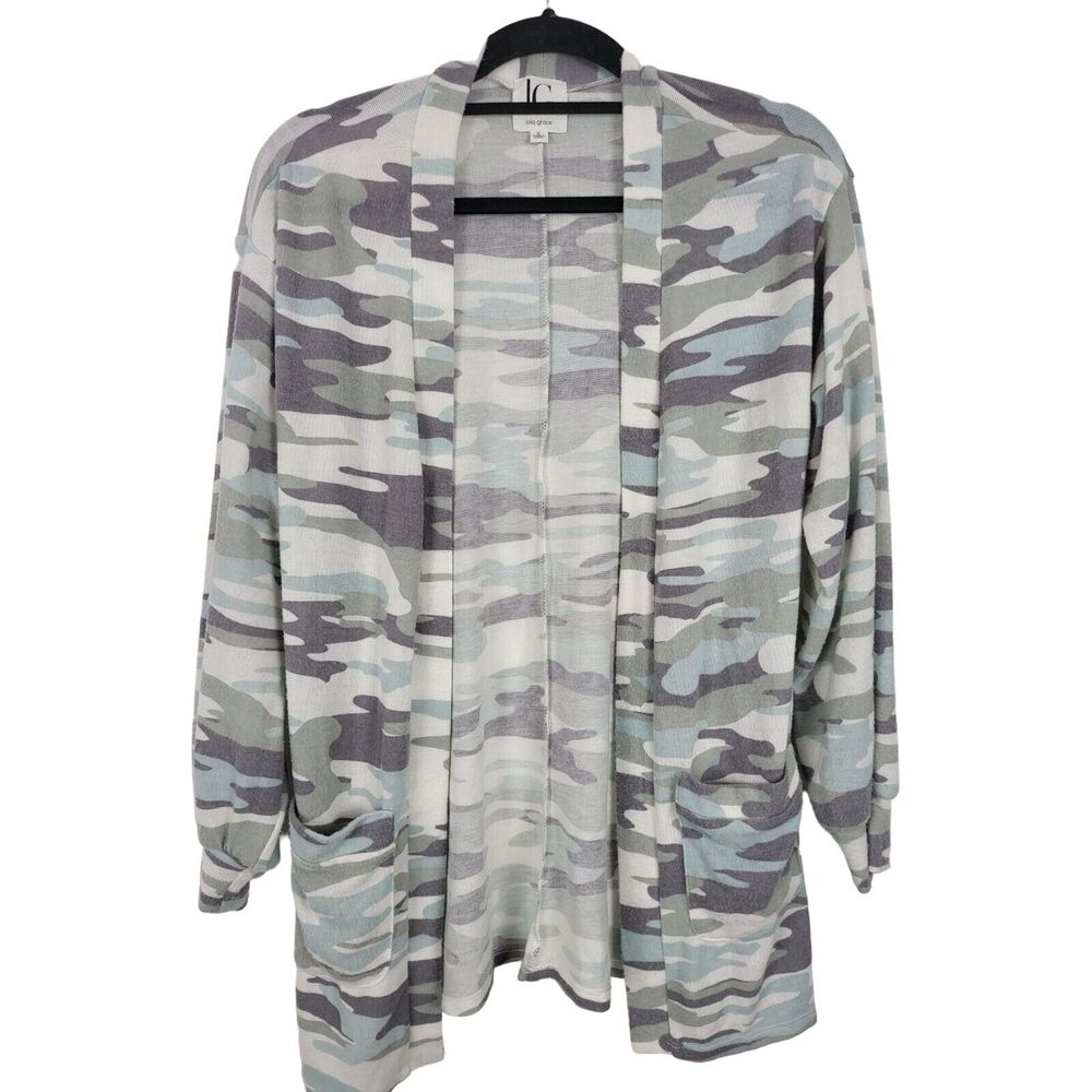 Lola Grace Long Sleeve Cardigan Small Womens Grey White Purple Camo Pockets